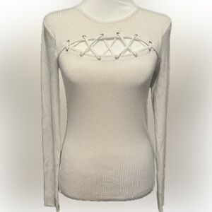 Women's White Sweater with Lace-Up Detail
